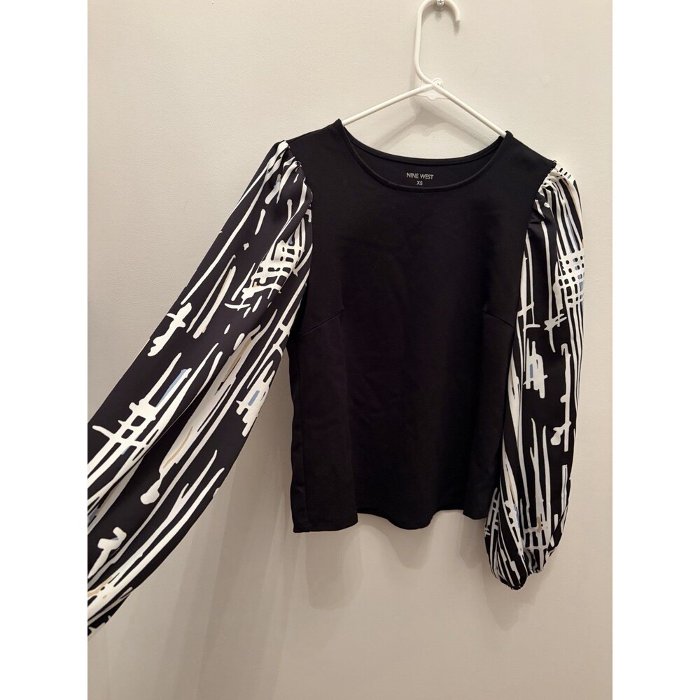 Nine West Sz XS Puff-Sleeve Mixed Media Top Long Sleeve Classic City Chic - Picture 3 of 7